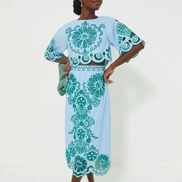 FARM Rio | Dresses | Light Blue And Green Richelieu Crop Top Skirt